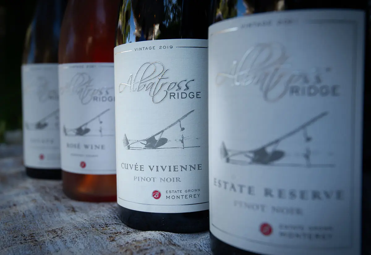 Albatross Ridge bottles lined up, sailplane labels catching the light