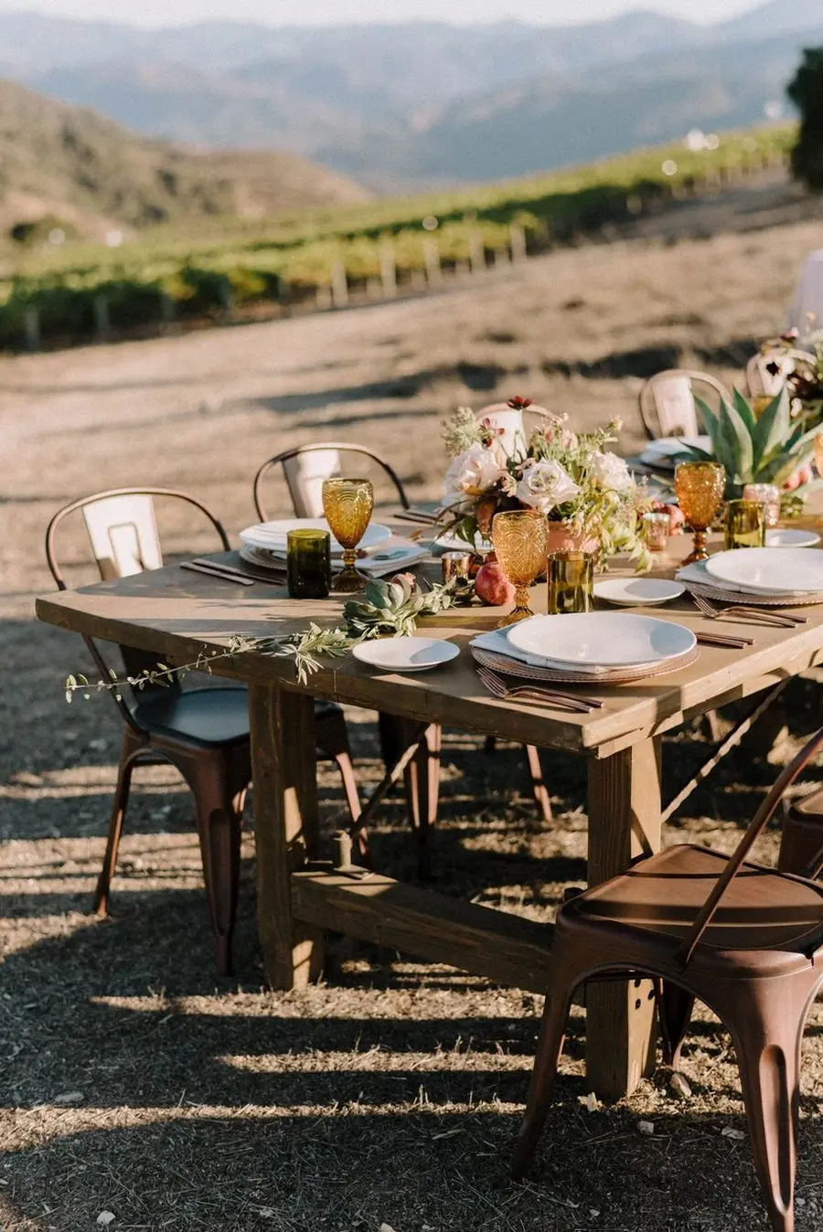 A farm table set at golden hour above the vine rows